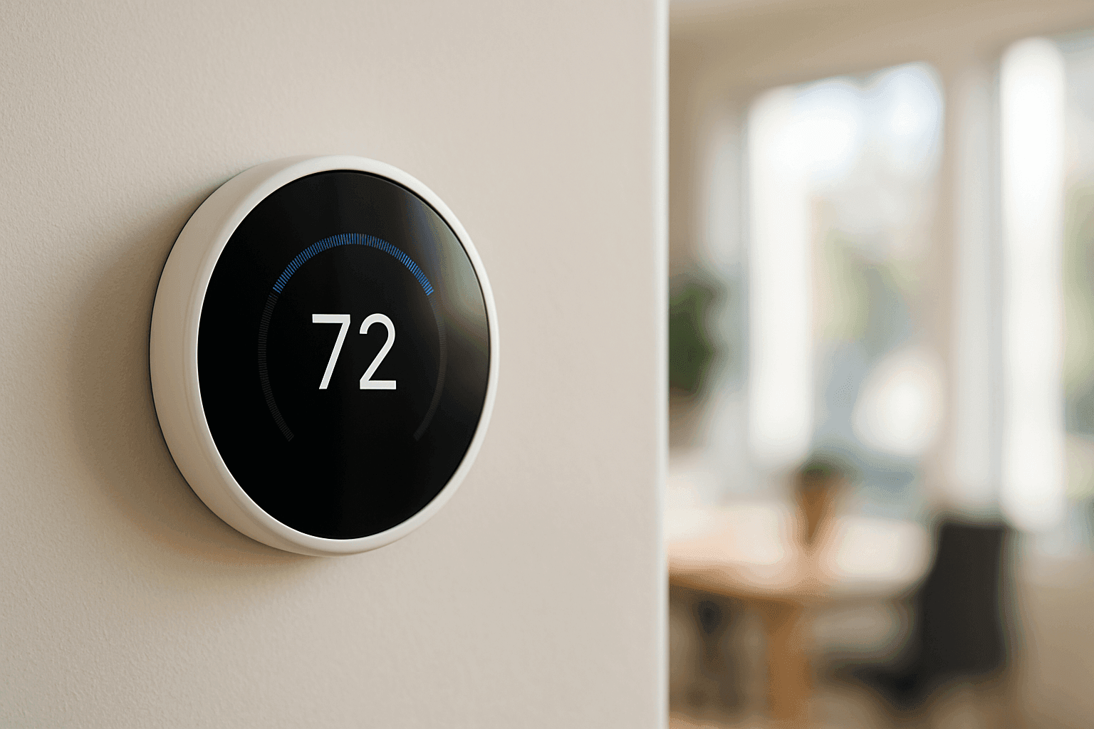 Modern digital thermostat on office wall