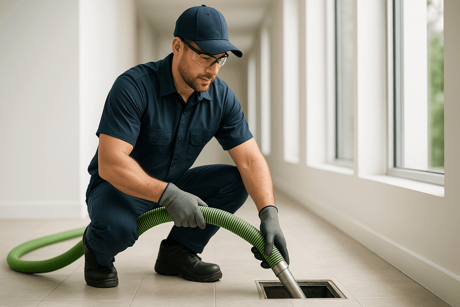 Technician cleaning HVAC ducts with specialized equipment