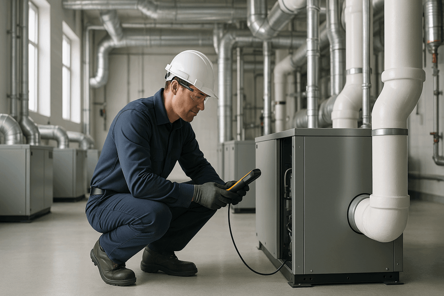 Technician servicing large commercial heating system