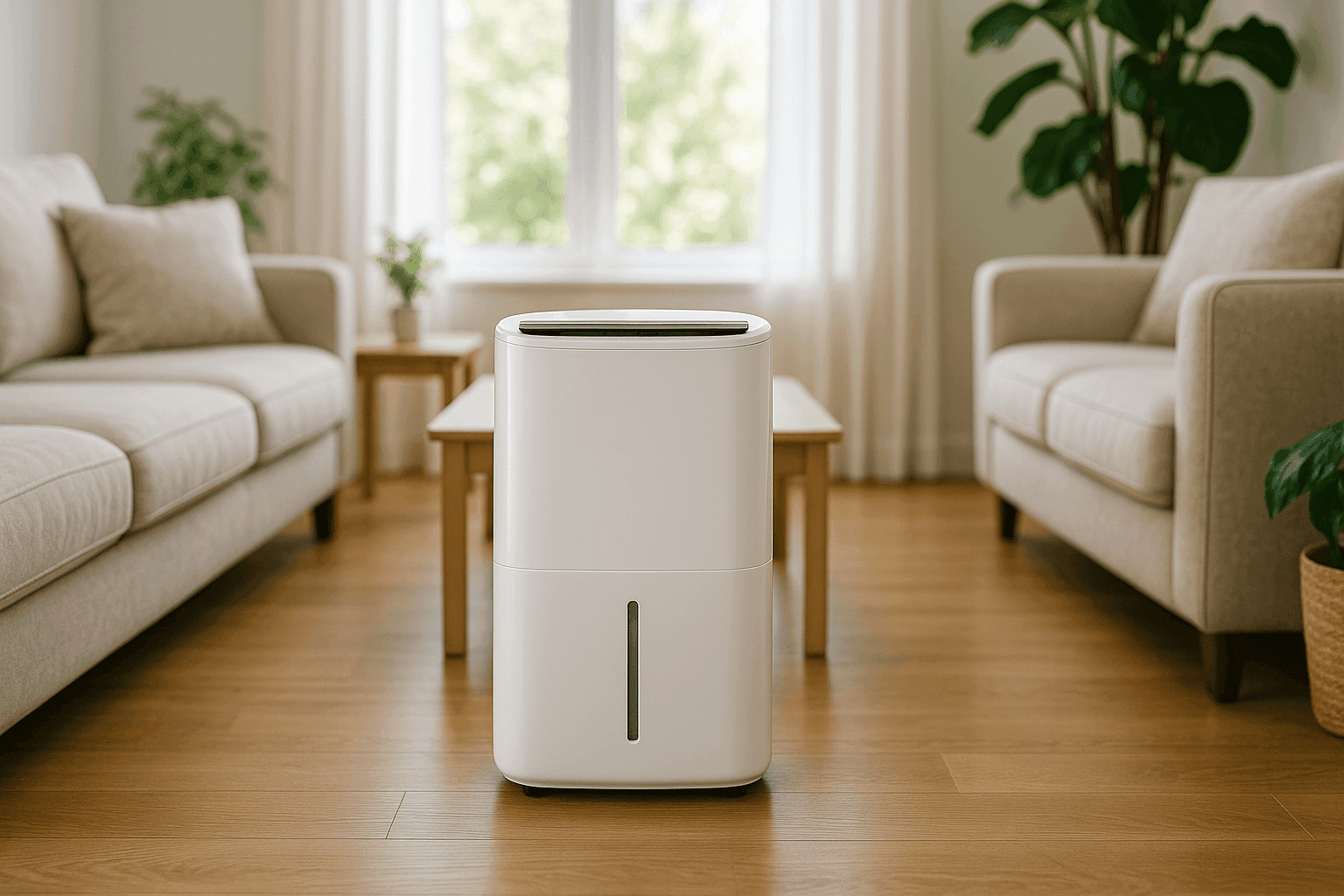 Modern dehumidifier operating in living room