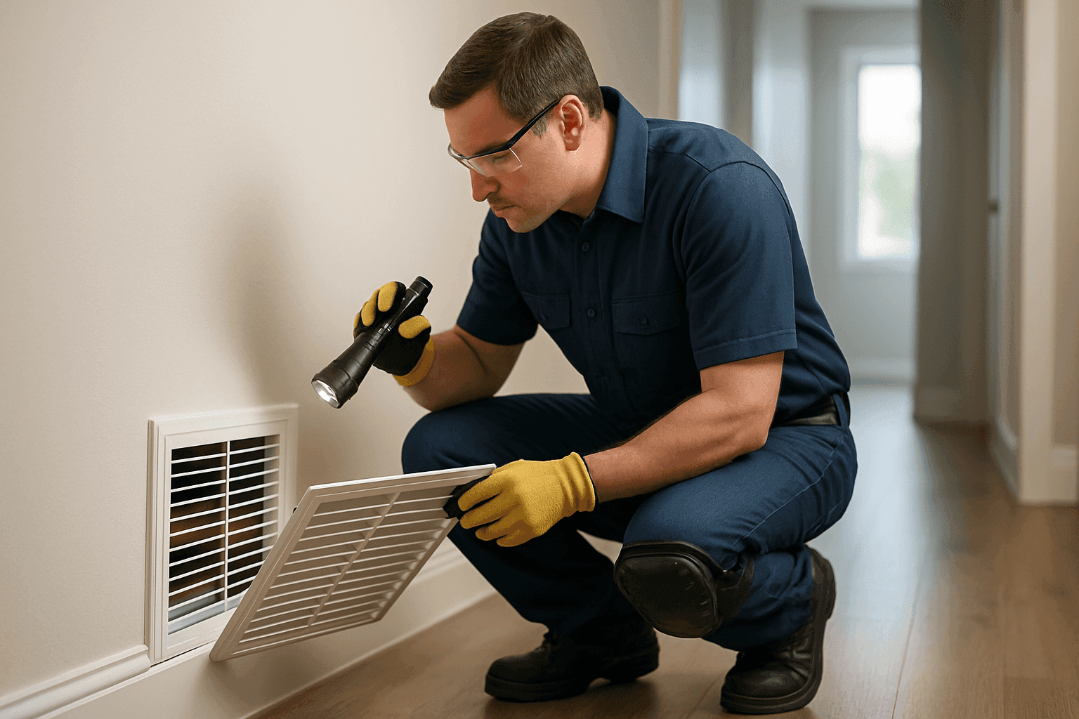 Technician inspecting air duct for dust and debris