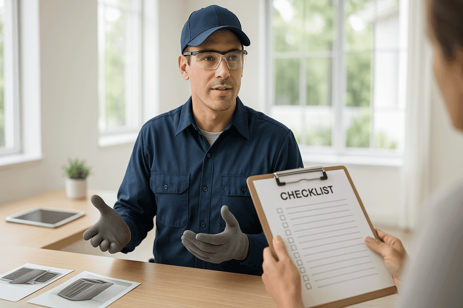 Homeowner interviewing heating contractor with checklist