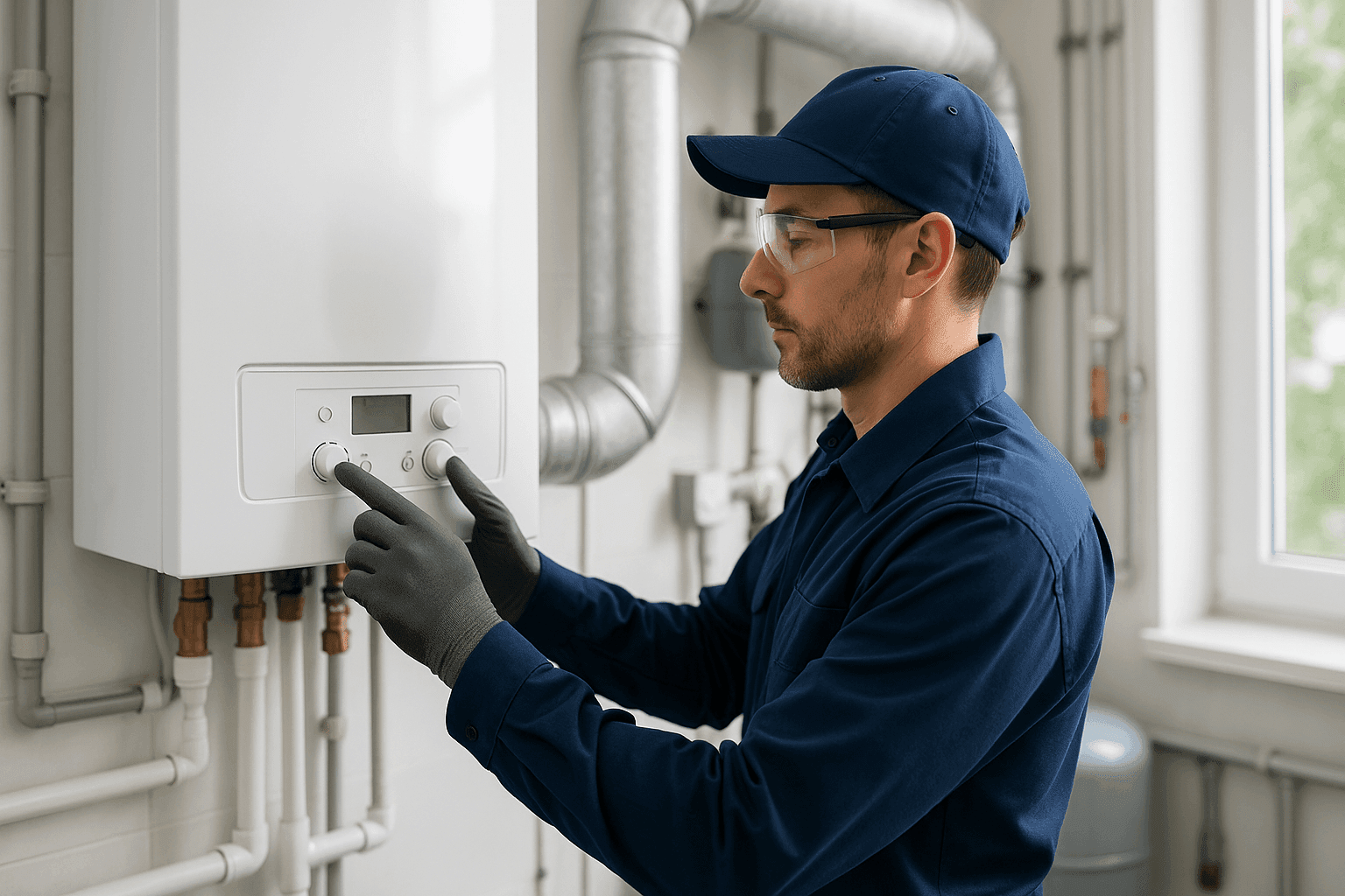 Technician adjusting heating system controls for longevity