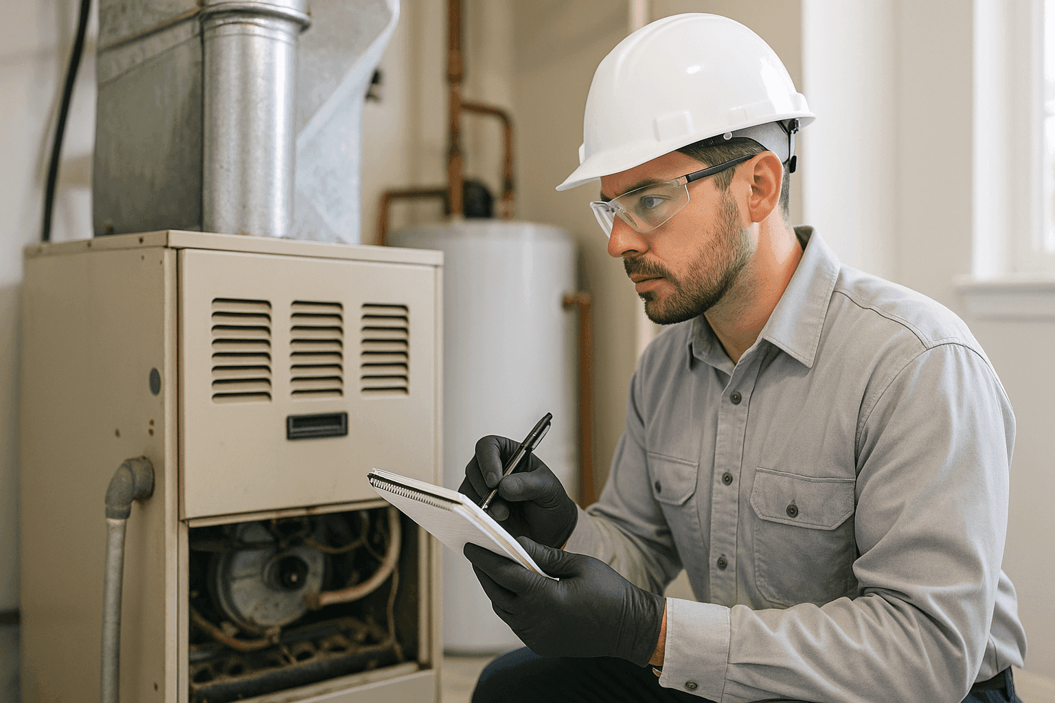 Technician examining old furnace for efficiency