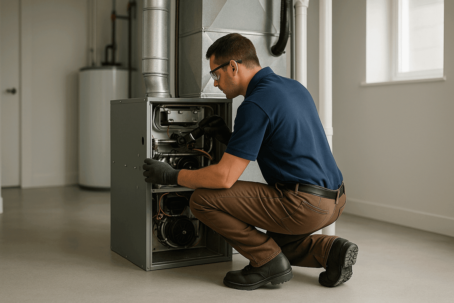 Technician inspecting furnace panel with flashlight in utility room
