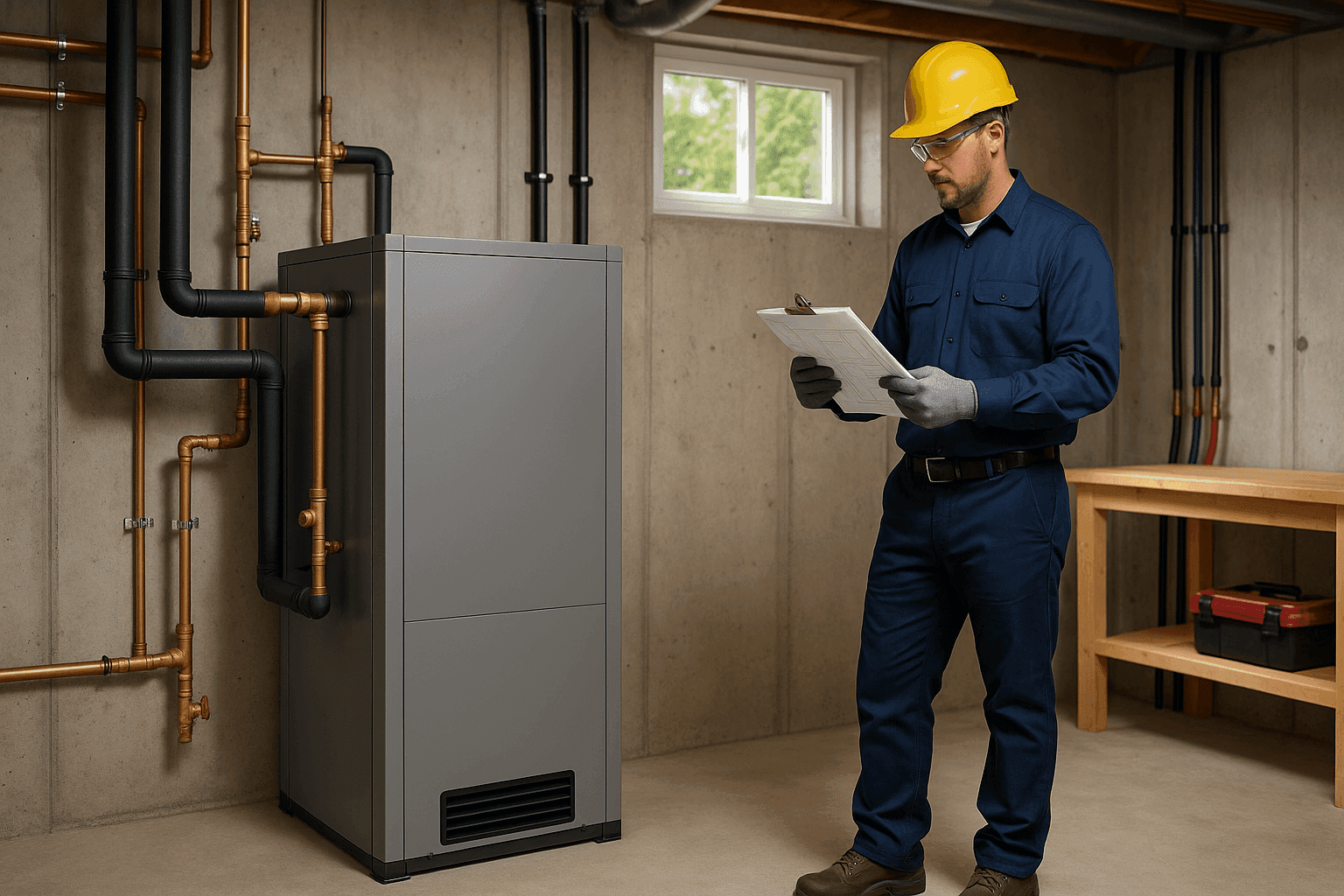 Technician reviewing geothermal heat pump installation diagram