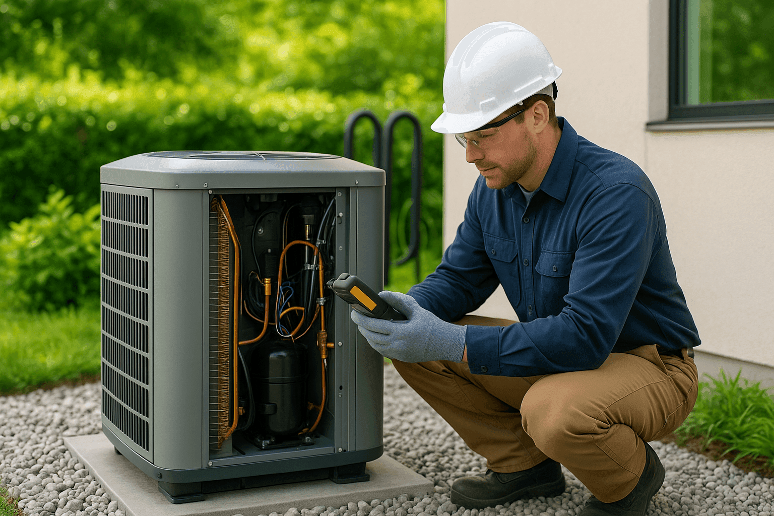 Technician inspecting geothermal heat pump system outdoors