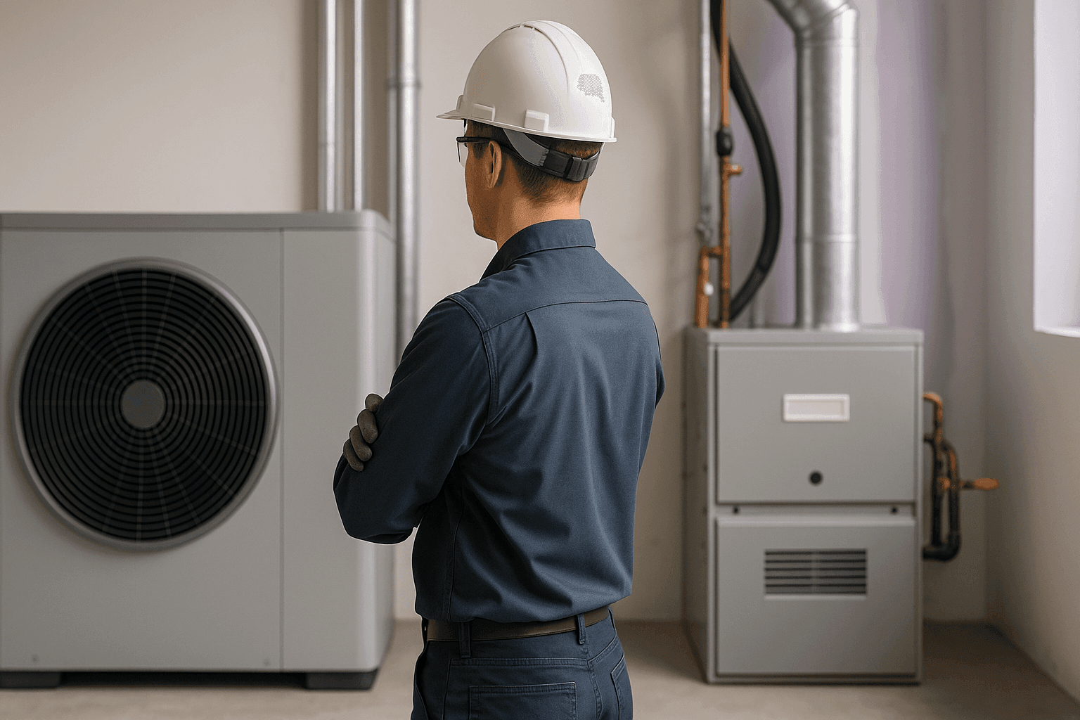 Technician comparing geothermal and furnace systems