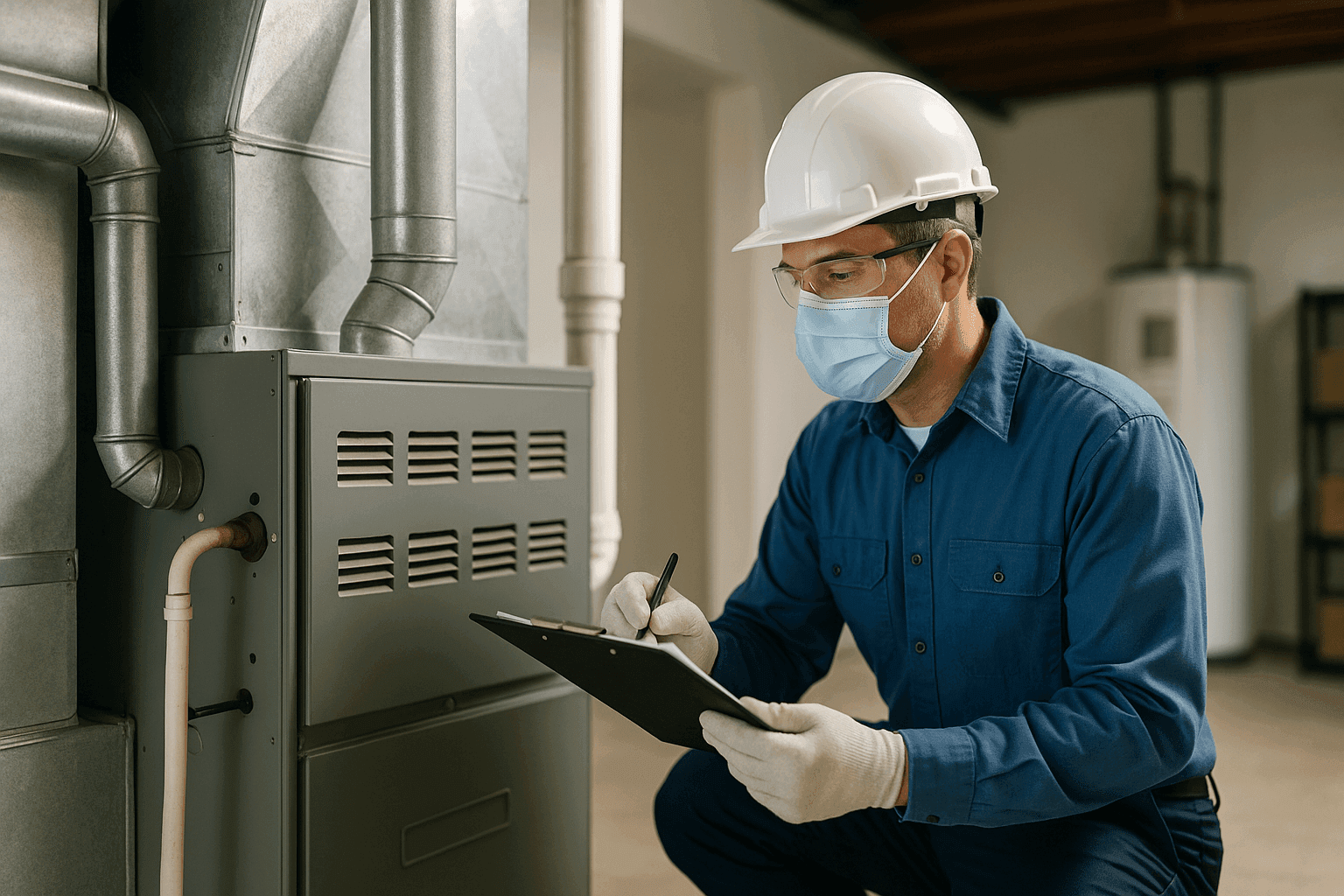 Technician evaluating old heating unit for replacement