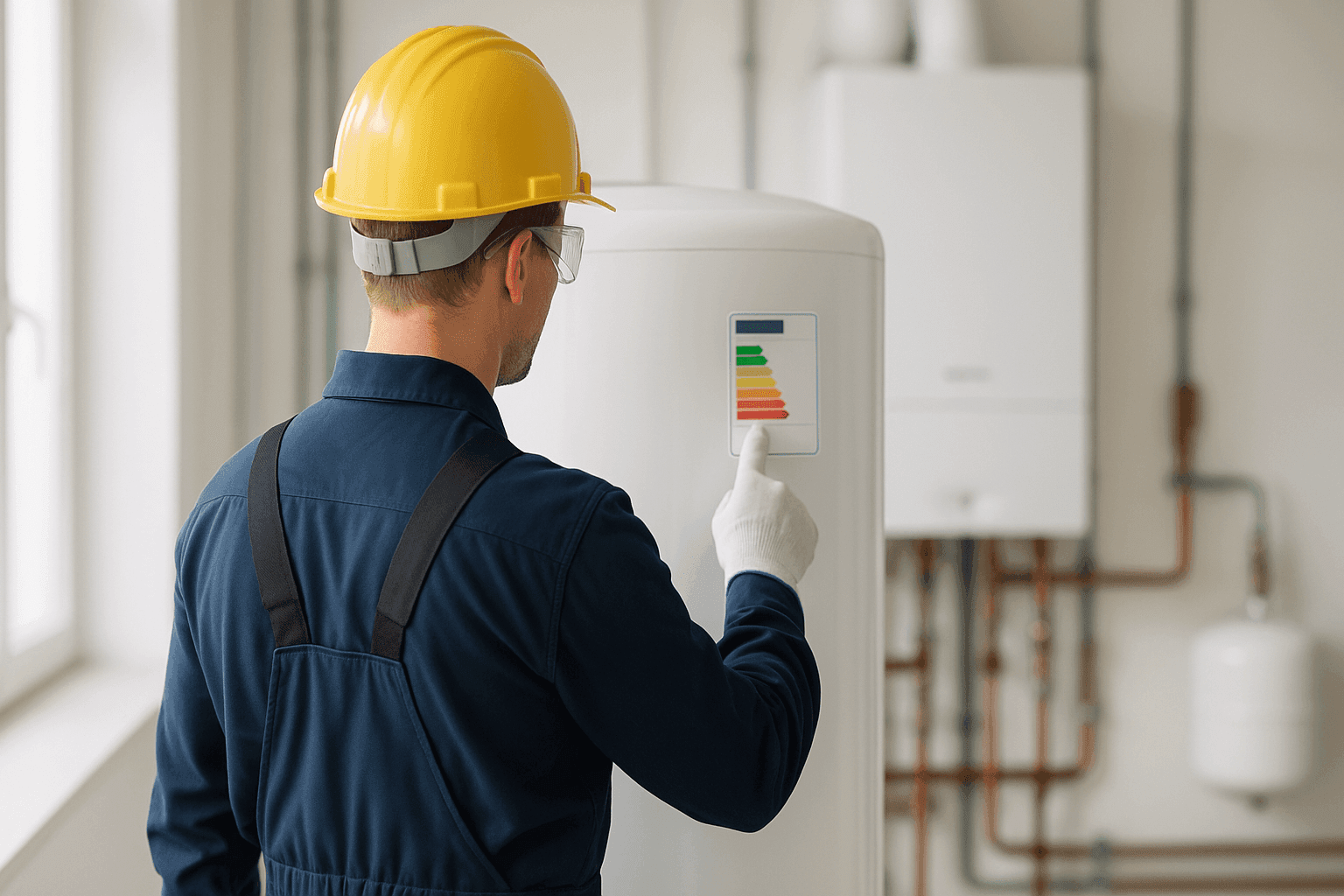 Technician explaining heating system efficiency ratings