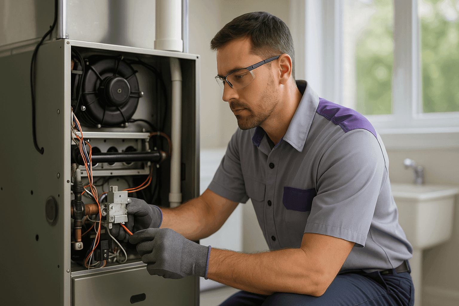 Technician upgrading furnace with new components