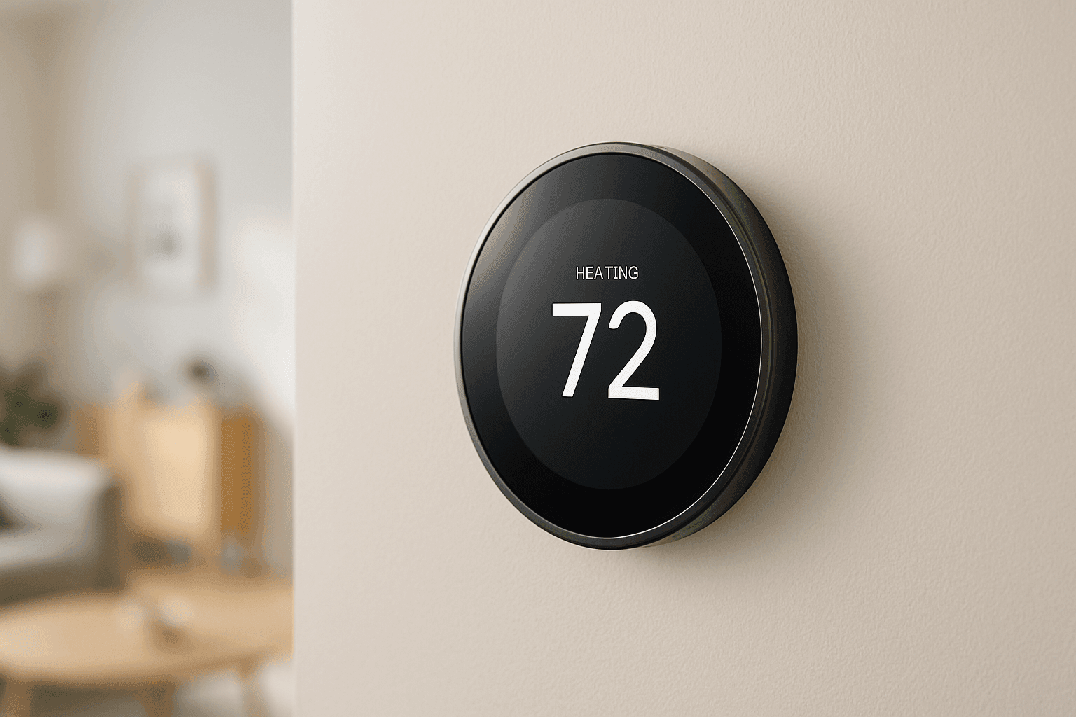 Close-up of modern smart thermostat on wall in bright home