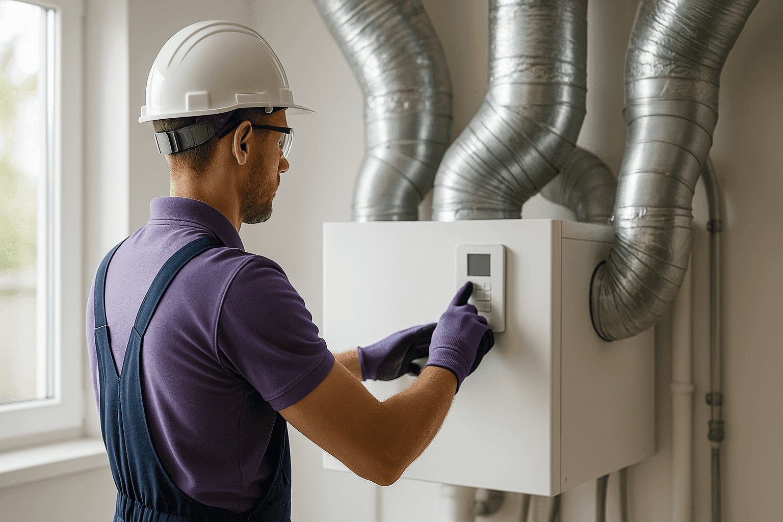 Technician adjusting home ventilation system