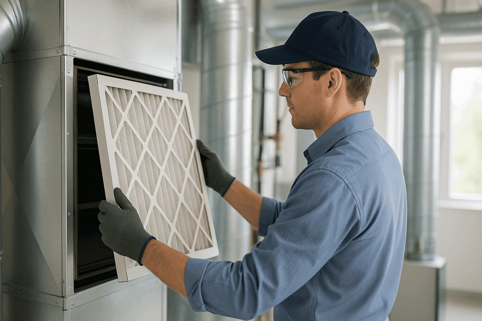 Technician changing HVAC filter for allergy season