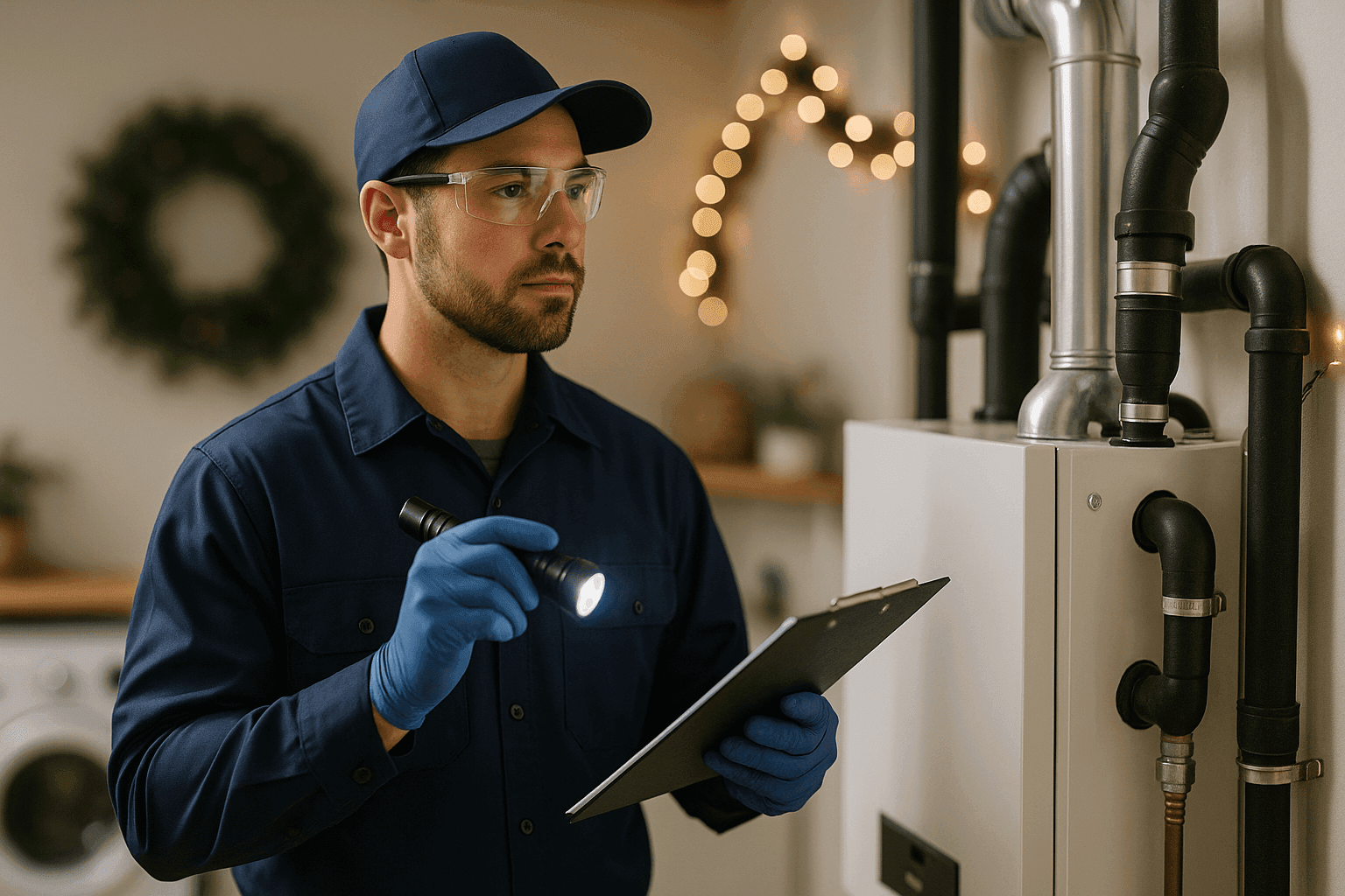 Technician inspecting heating system before holiday gathering