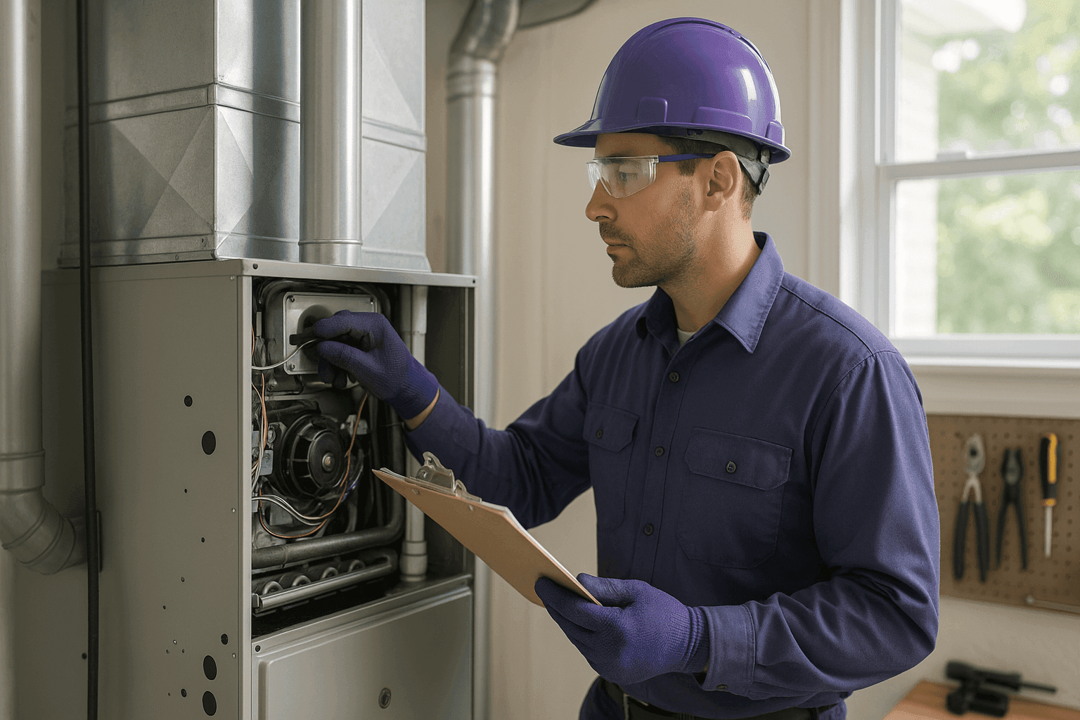Technician performing furnace maintenance checklist