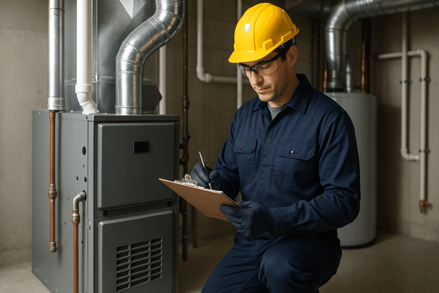 Technician reviewing seasonal heating checklist