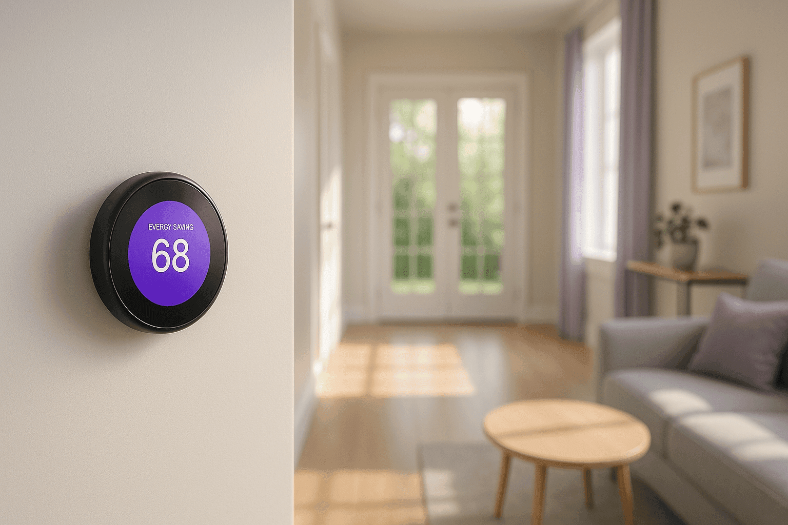 Digital thermostat showing energy-saving temperature