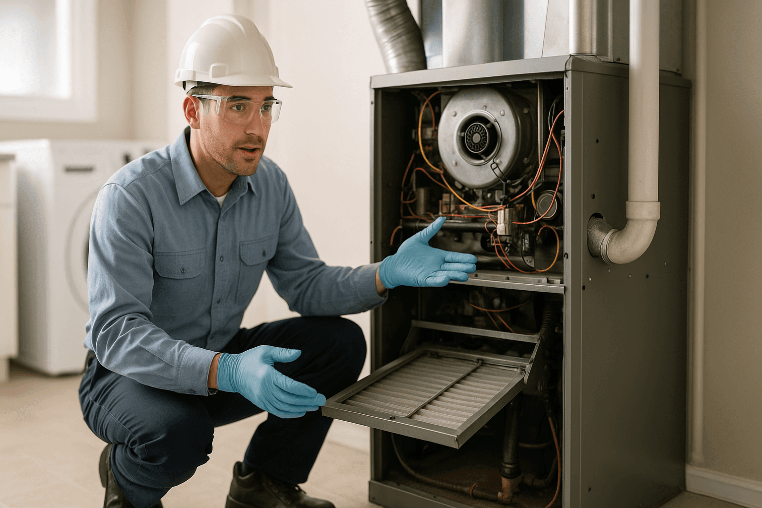 Technician correcting home heating system errors