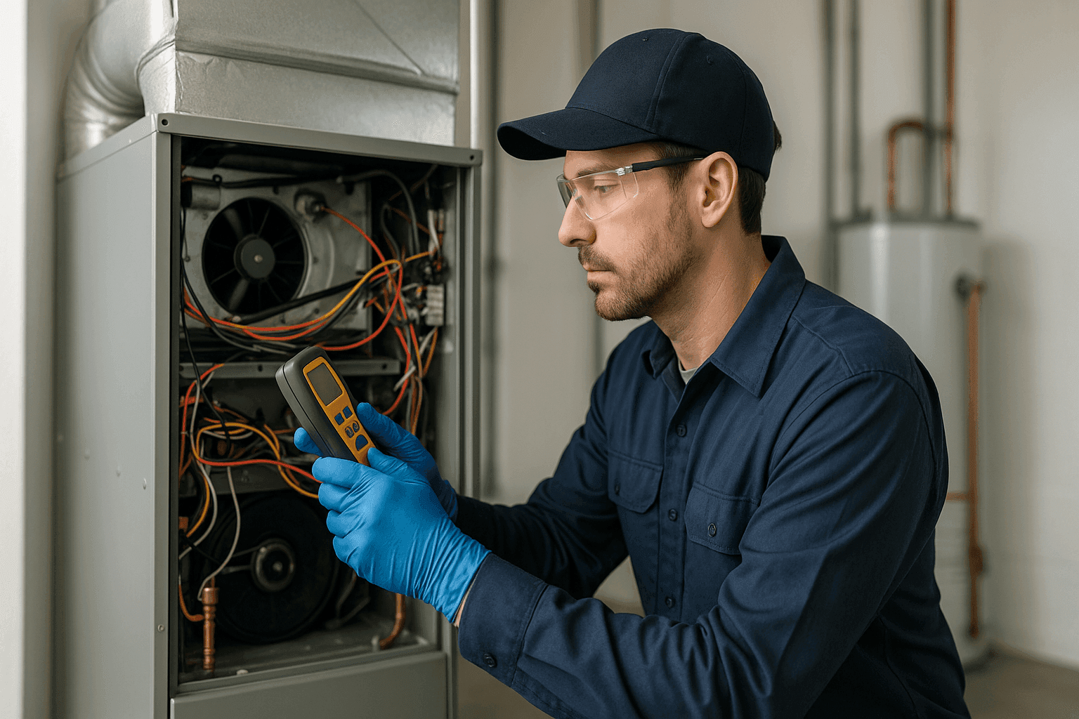 Technician examining HVAC unit with open panel in utility room