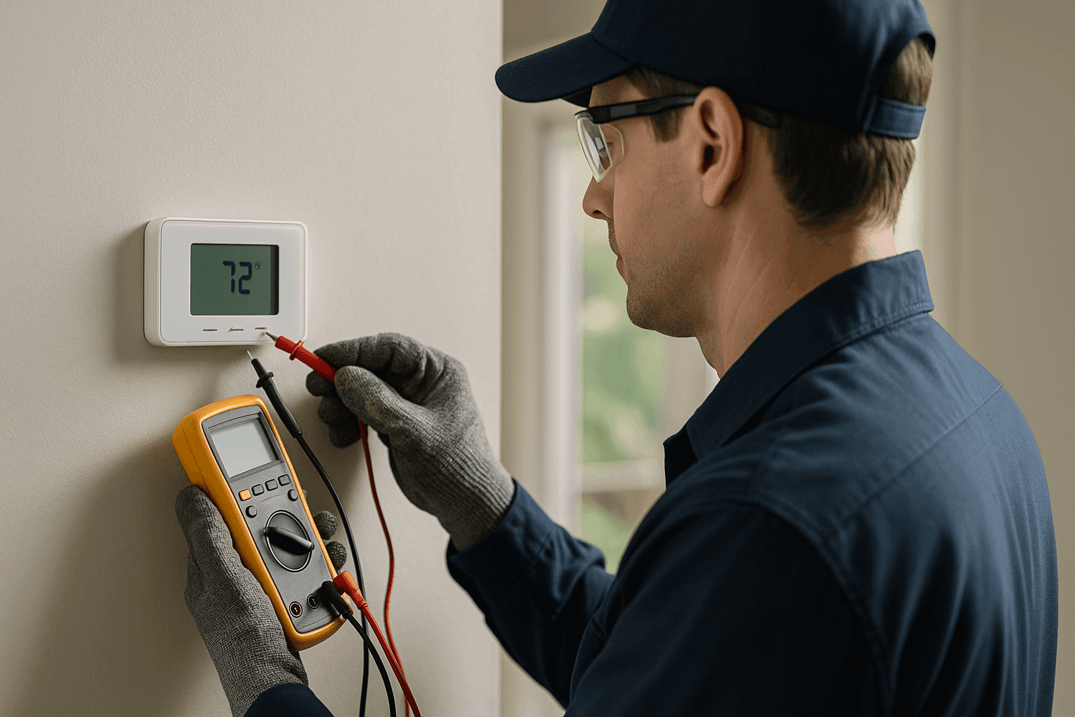 Technician testing malfunctioning digital thermostat