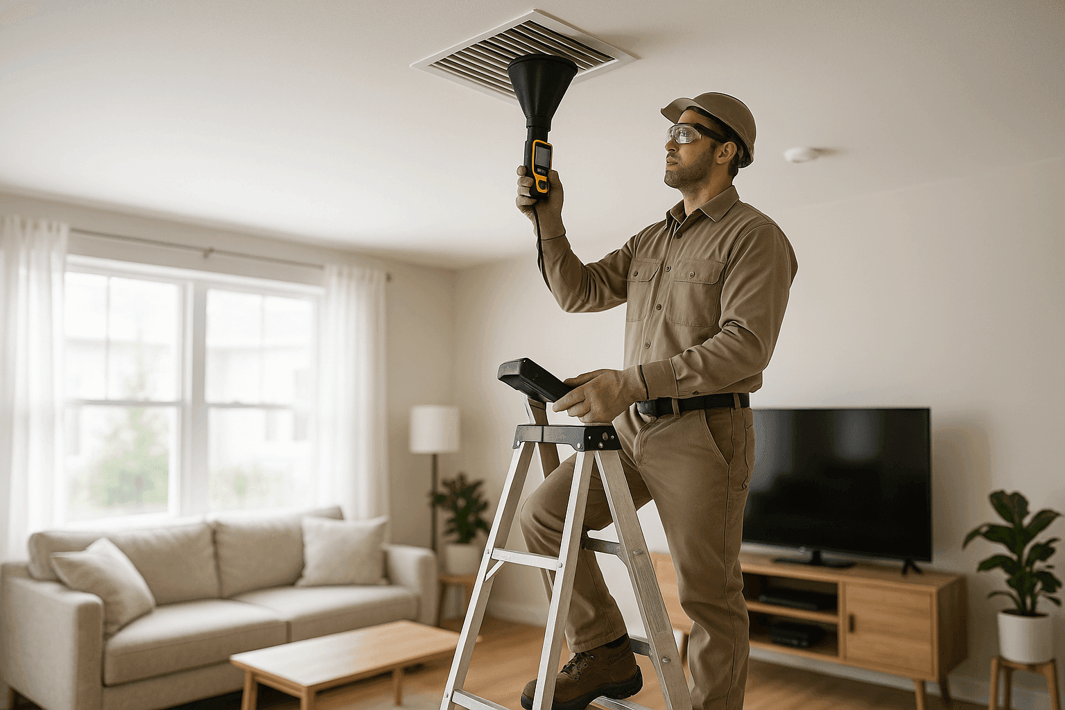 Technician measuring airflow from vent for heating balance