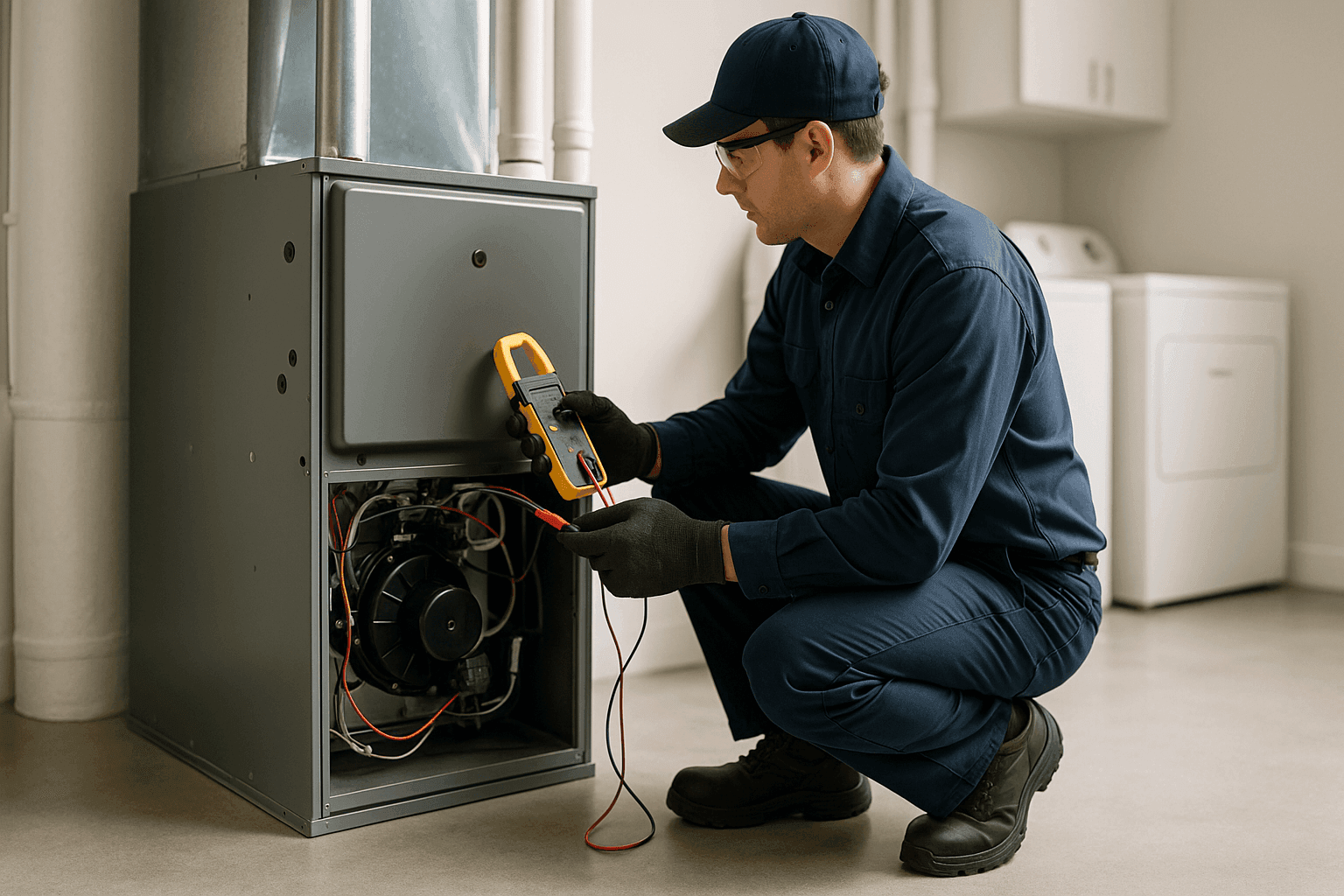 Technician inspecting residential furnace with tools