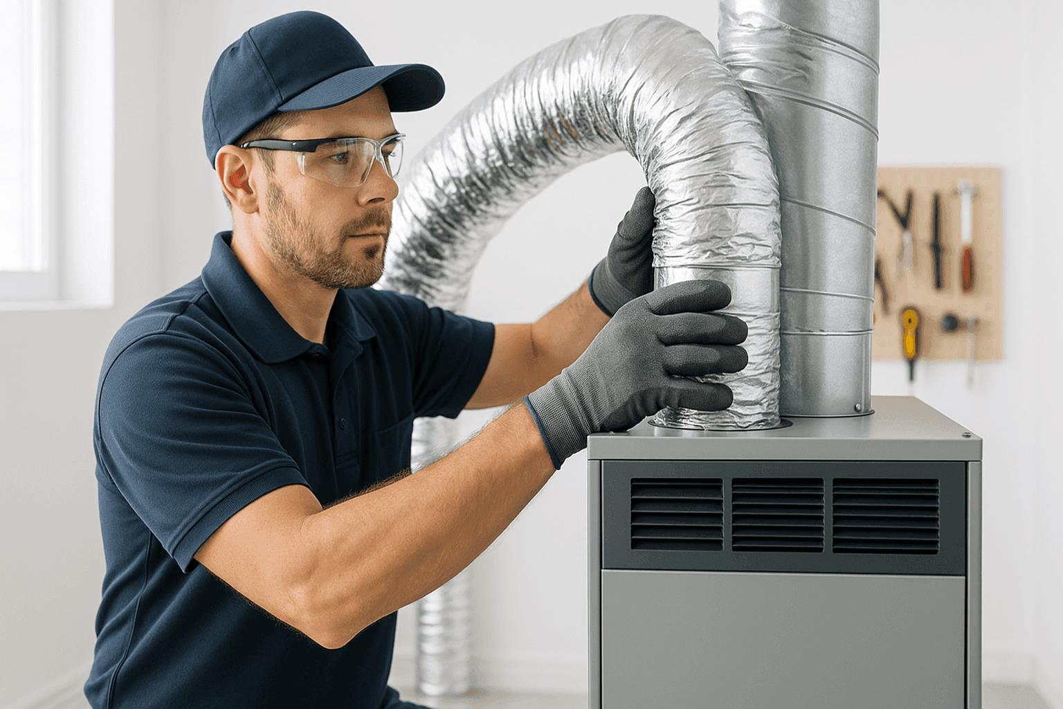 Technician installing new HVAC system indoors
