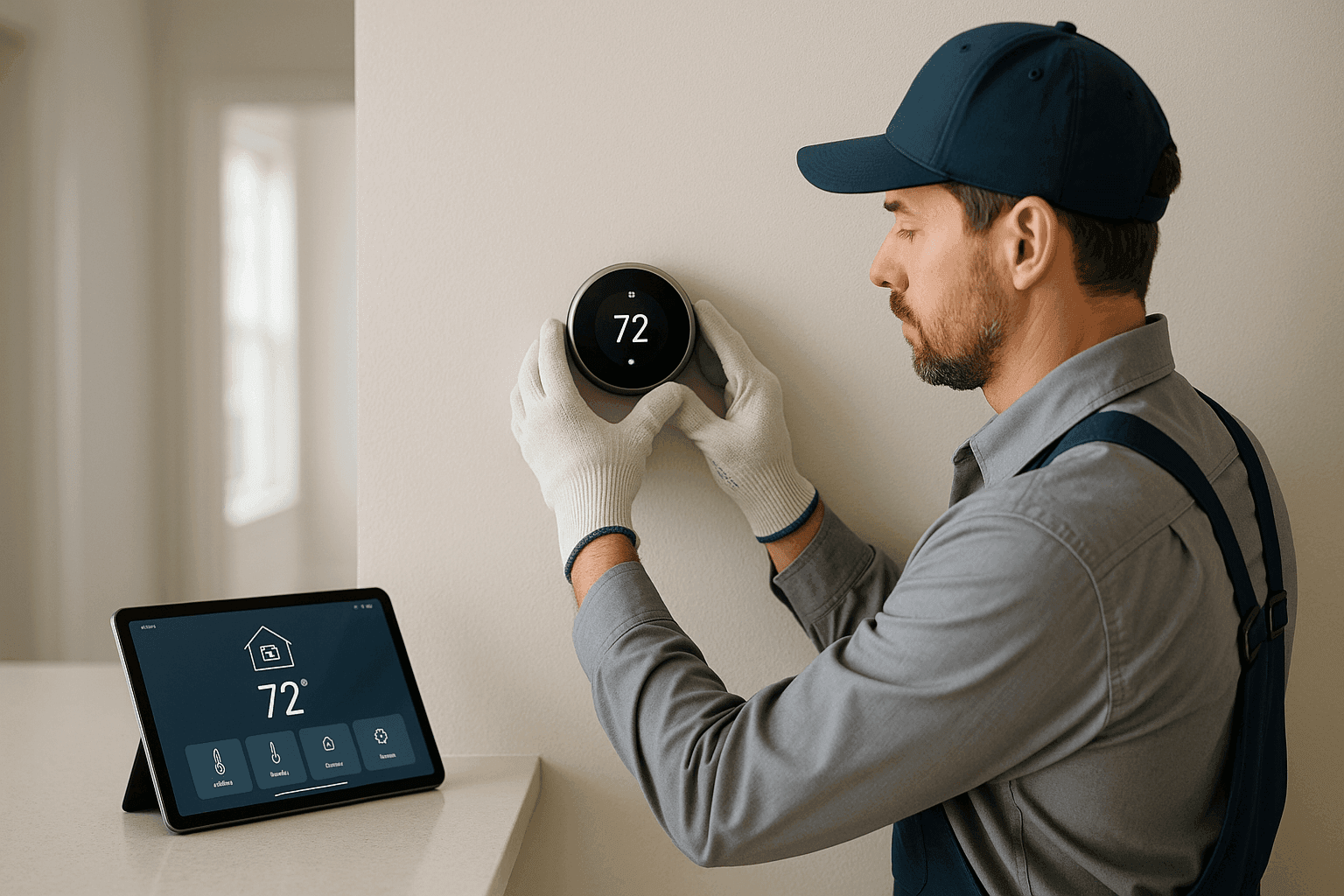 Technician installing smart thermostat for home automation
