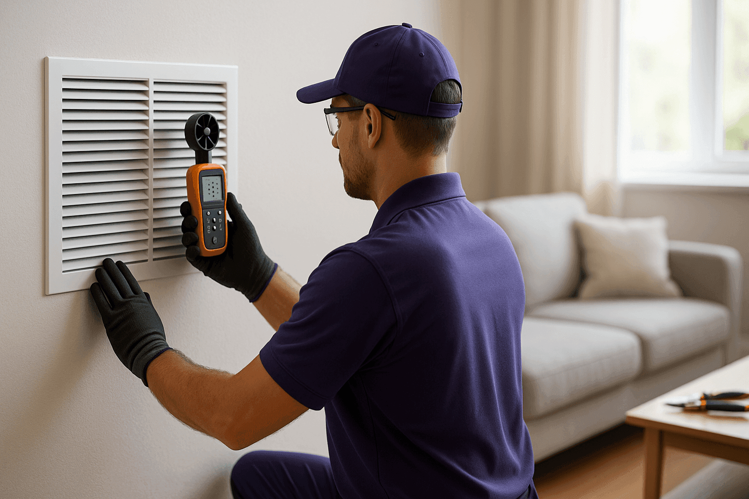 Technician using airflow meter for air balancing