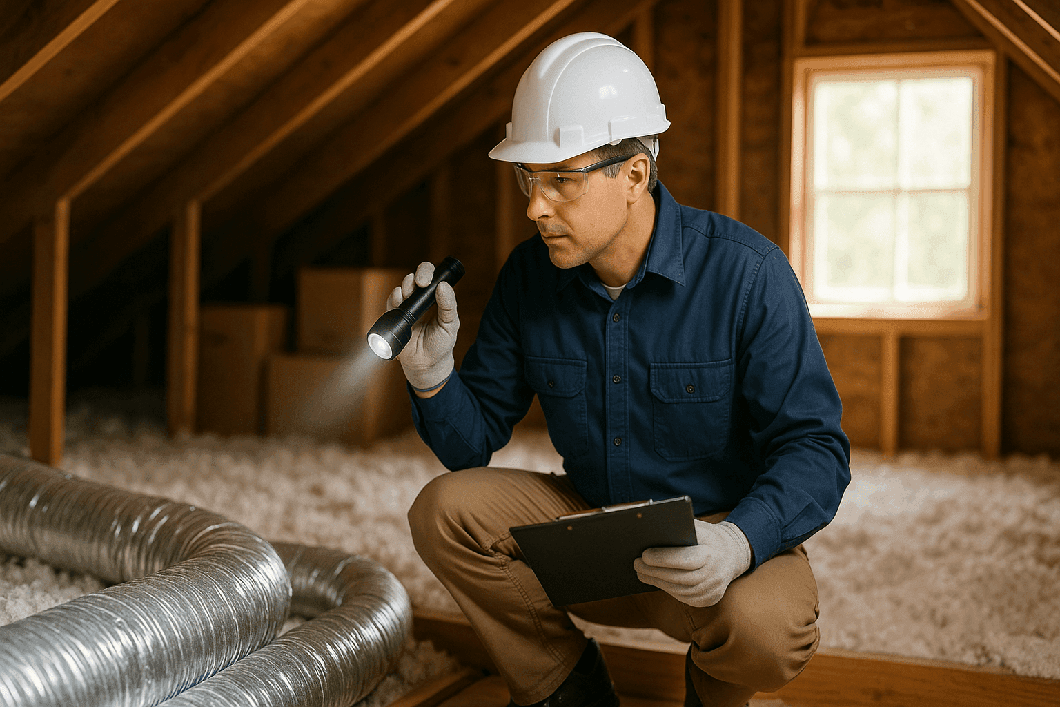 Energy auditor checking insulation during home audit
