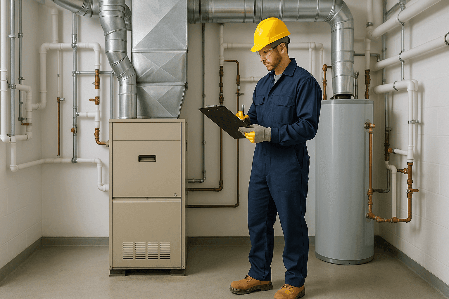 Technician assessing old heating system for replacement