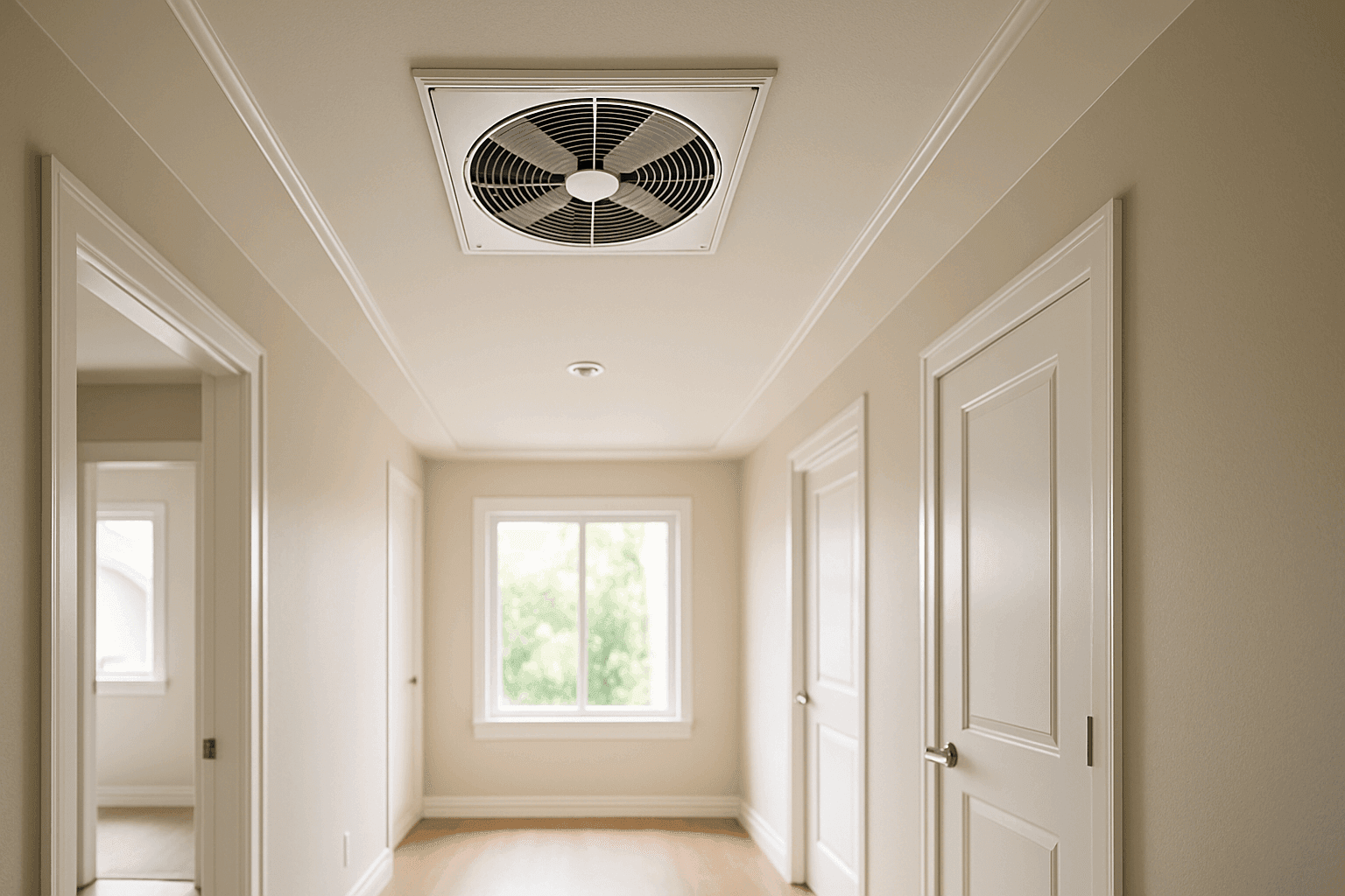 Whole-house fan installed in ceiling for cooling